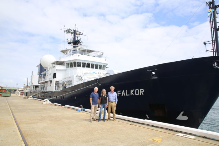 Prof Malcolm McCulloch (left), Dr Julie Trotter (centre) and  OI Director, Prof Peter Veth (right) in front of the oceanographic vessel R/V Falkor (photo credit: UWA News)